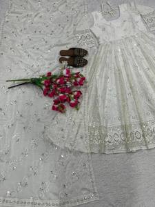 <b>White</b> Georgette Sequence Embroidery Anarkali <b>Suit</b> Set Stitched Full Sleeves Long Gown <b>Trouser</b> Dupatta Ethnic Dress For <b>Women</b> - Product Image 1
