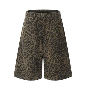 Shorts de Mezclilla con Estampado de Leopardo de Cintura Alta para Hombre, Estilo Casual Urbano de Verano, Pierna Recta, 100% Algodón con Bolsillos, Tejido de Tela - Product Image 5