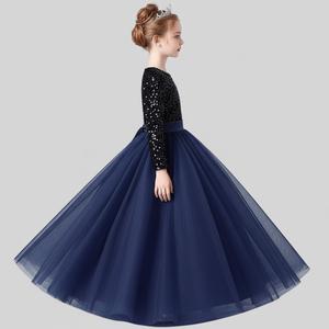 ชุดราตรีเด็กผู้หญิงผ้ากำมะหยี่สีน้ำเงินพรีเมียมปักเลื่อมประดับด้วยผ้าเน็ตเนื้อนุ่มสไตล์เจ้าหญิง สำหรับงานเลี้ยงตอนเย็น ขายส่งแบบ OEM - Product Image 4