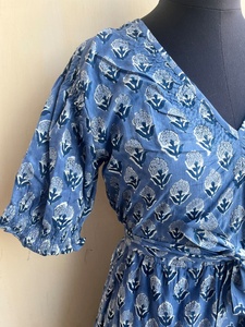 Vestido Largo Informal de Otoño para Mujer, 100% Algodón Indio, Estampado a Mano, Cuello en V, Manga Corta, Estampado Floral - Product Image 2