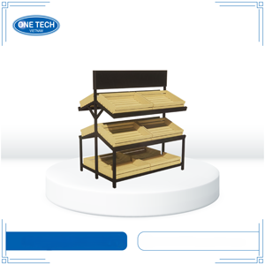 Rustic Modern 3 Tier Fruit Vegetable Display Stand Metal Frame Solid Wood Boxes Removable <b>Crates</b> for Grocery Store - Product Image 1