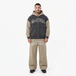 Conjunto de chándal con capucha y cremallera para hombre, en bloques de color negro y caqui, con estampado de letras, estilo urbano, sudadera con capucha y pantalones de pierna ancha - Product Image 1