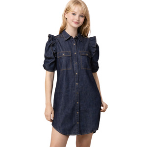[veryjkor] VERY J - NOUVEAUTÉ - Robe chemise mini délavée effet minéral pour femme, en jean, à manches à volants, décontractée, courte, style vêtement d'extérieur en jean - Product Image 2