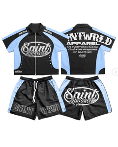 Conjunto de 2 Piezas de Ropa Urbana de Verano para Hombre, Personalizado con Letras Impresas, Transpirable, Tejido de Punto, 100% Algodón, Camiseta Holgada y Pantalones Cortos, Estilo Hip Hop - Product Image 1