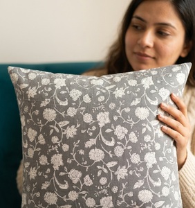 Premium Handcrafted Grey Floral Print <b>Cushion</b> <b>Cover</b> with Elegant Traditional Motif - Product Image 4
