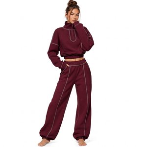 Women's Burgundy Fleece 2-Piece Set <b>Turtleneck</b> Zip-Up <b>Crop</b> <b>Top</b> Wide Leg Sweatpants Casual Loose Fit All Seasons Wear - Product Image 2