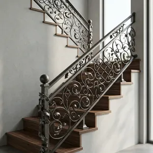 Barandal de Escalera de Hierro Forjado Ornamental y Elegante con Trabajos Decorativos para Escaleras Interiores de Lujo y Diseño de Interiores de Hogar - Product Image 1