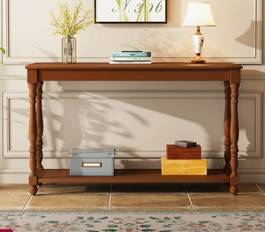 Mesa Consola de Madera de Mango Tallada al por Mayor con Estante de Almacenamiento, Acabado Pulido Marrón para Entrada y Sala de Estar - Product Image 1