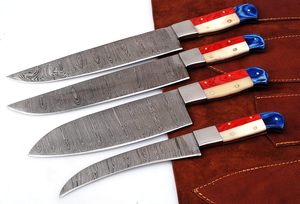 Ensemble de 4 couteaux de chef en acier Damas pour cuisine, avec manches en bois d'olivier, lames à bord dentelé pour droitiers - Product Image 5
