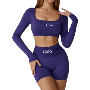 Purple 2 Piece Yoga <b>Set</b> <b>Square</b> Neck Long Sleeve Crop Top High Waist Shorts Sweat Wicking Seamless Design - Product Image 1
