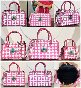 Pink & White Checkered Large Speedy Bag with Turquoise Concho Hand <b>Tooled</b> Cow <b>Leather</b> Crossbody Handbags Stylish Travel Duffels - Product Image 3