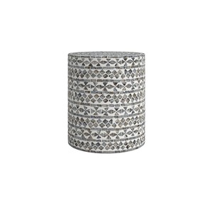 Tabourets géométriques floraux gris fumé et blancs, faits à la main, en nacre, avec incrustations de coquillages, table d'appoint moderne en mosaïque naturelle - Product Image 3