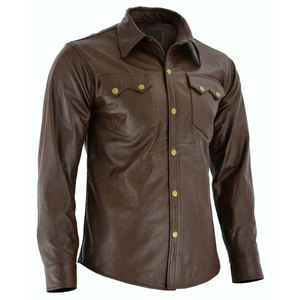 SALVA <b>LEATHER</b> Plus Size Men <b>Leather</b> Satin Summer <b>Shirt</b> Breathable Knitted Casual Long Sleeve Button-Up Turn-Down Collar Solid - Product Image 3