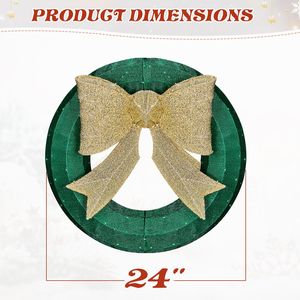 Ghirlanda Natalizia da Esterno Pre-Illuminata da 24 Pollici con Fiocco Dorato, Luci LED Bianco Caldo e Decorazione in Tinsel Verde - Product Image 6