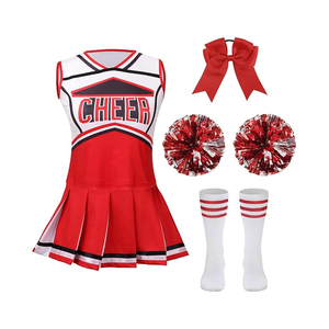Conjunto de Falda de Uniforme de Porristas Estampada en Poliéster Rojo y Blanco con Logotipo Frontal y Diseño Plisado en Bloques de Color para Adultos - Product Image 1