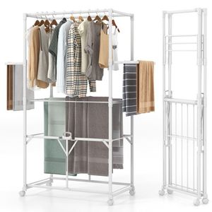 68.5 Inches Foldable Aluminum <b>Drying</b> <b>Rack</b> with Hanging Rods and Shelves Laundry Organizer and Space Saver - Product Image 4