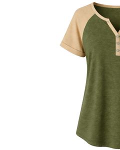 Olive Green Beige Women TShirt Short Sleeve Henley Neck Raglan Top Soft Cotton Casual Loose Fit Summer Tee Breathable Daily Wear - Product Image 4