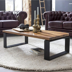 Mesa de Centro Industrial de Madera Maciza de Mango con Acabado en Miel y Base Metálica Negra Plegable y Resistente para Hogar, Oficina, Restaurante - Product Image 1