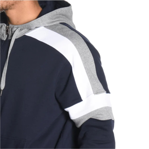 <b>Men's</b> Navy Blue Color Blocking <b>Zip</b>-<b>Up</b> Hoodie Regular Fit Casual Sweatshirt with Gray White Panels - Product Image 2