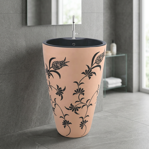 Lavabo de salle de bain autoportant rond en céramique de granit couleur chocolat clair sur piédestal pour usage commercial - Product Image 1