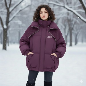 Women's Light Blue Quilted Winter Jacket With Knit Collar <b>Stand</b> Neck Full Sleeve Thick Polyester Wadding Windproof Long Length - Product Image 1