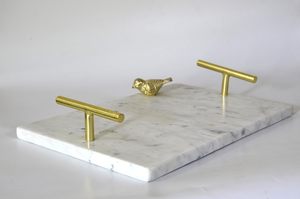 Luxury White Marble Classic <b>Serving</b> <b>Tray</b> with <b>Gold</b> Metal Handles and Bird Accent Tableware & Jewelry Storage for Home Decor - Product Image 2
