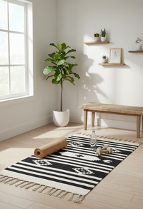 Tapis moderne rectangulaire en coton tissé et peluche, motif floral bicolore, lavable en machine, réversible, noir et blanc, pour la maison et les voyages - Product Image 3