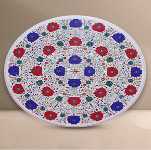 White decorative <b>marble</b> <b>table</b> <b>top</b> features red floral motif and carved rim, <b>marble</b> bone inlay <b>table</b> <b>top</b> available at wholesale - Product Image 5