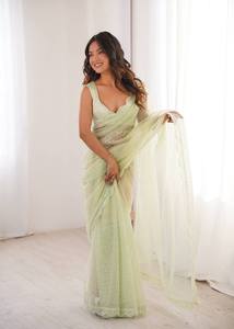 Trending Pastel Mint Green Embroidered Havy Benglori Silk <b>Saree</b> <b>for</b> <b>Women</b> | Designer Sheer Floor-Length Scalloped Border | - Product Image 3
