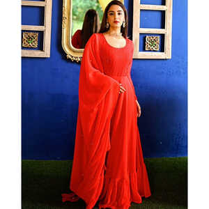 Ensemble Anarkali en Chiffon Rouge Royal à Manches Longues avec Ornements en Paillettes Taille XS - Product Image 5