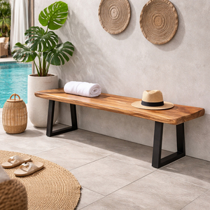Banc en bois de Suar massif, éco-responsable, durable, avec bord naturel, design minimaliste, pieds en acier, pour salle à manger, café, hôtel, mobilier de resort - Product Image 4