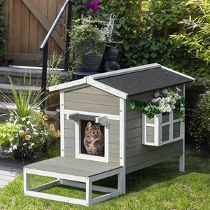 Cuccia per Gatti da Esterno Grigio Scuro/Bianco con Porta di Fuga, Design Rettangolare, Riparo per Gatti Randagi, Supporto per Fiori da Portico, per Interni/Esterni - Product Image 2