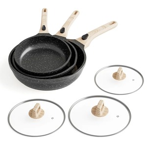 Ceramic Nonstick Frying <b>Pans</b> Set With Wood Handles <b>And</b> Glass Lids Round Minimalist Design For Gas <b>And</b> Induction Cooker - Product Image 3
