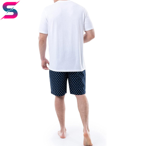 Conjunto Casual de Verano de Algodón Tejido, Diseño Transpirable, Hecho a Mano, Camiseta Blanca de Cuello Redondo para Hombre con Pantalones Cortos con Puntos Azul Marino - Product Image 2