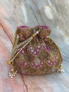 Maroon Velvet Potli Bag Pearl Bead Floral Embroidery Women Wedding Party <b>Drawstring</b> <b>Pouch</b> Evening Clutch Handbag Ethnic Purse - Product Image 2
