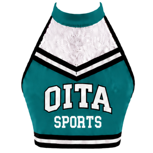 Haut court de cheerleading vert foncé, blanc et noir sans manches, pour femmes et filles, uniforme de performance athlétique, vêtement de sport d'équipe - Product Image 1