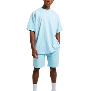 En gros, Ensembles de survêtements décontractés d'été pour hommes, 2 pièces, en coton tricoté épais et respirant, avec logo brodé personnalisé, Tailles Plus - Product Image 1
