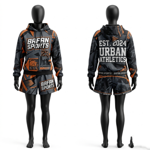 Conjunto de Sudadera con Capucha y Pantalones Cortos para Mujer, de Alta Calidad, 300 GSM, Felpa de Algodón y Poliéster, Diseño Urbano con Paneles, Impresión por Sublimación Personalizada - Product Image 6