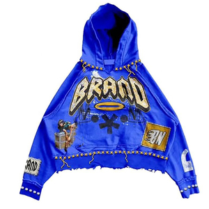 Conjunto de Dos Piezas de Chándal Azul Rey Y2K con Logotipo Personalizado para Hombre, Sudadera Corta con Estampado Vintage y Pantalones Acampanados de Forro Polar Grueso - Product Image 3