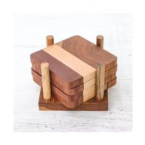 Ensemble de sous-verres en bois brun poli faits à la main avec support, sous-verres ronds en bois pour table basse, décoration de la maison et de la cuisine - Product Image 3