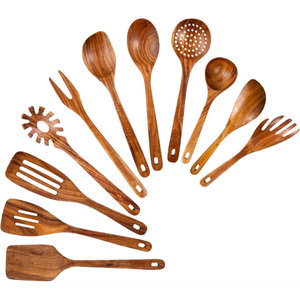 11 Piece Wooden Kitchen Utensil Set Natural Cooking Tools Spatula Spoon Ladle Skimmer Slotted Turner Pasta Server cookware - Product Image 1