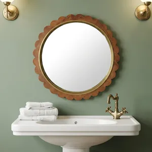 <b>Round</b> Scalloped Wooden Framed <b>Mirror</b> Mid Century Modern Wall Decor Home Use - Product Image 5