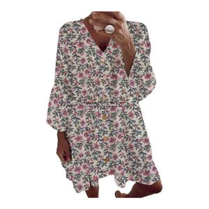Vestido de algodón hecho a medida con estampado floral, ropa de playa para primavera/verano, blusas con mangas acampanadas para tiendas de ropa femenina. - Product Image 1