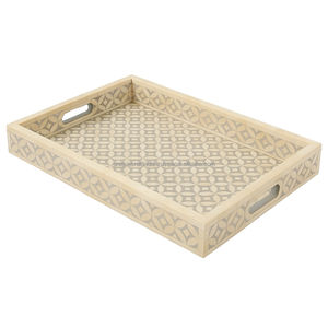 Plateau en bois artisanal poli, écologique, motif chevron noir, incrustation d'os, bords ivoire, pour une cuisine, une salle à manger et une maison élégantes - Product Image 6