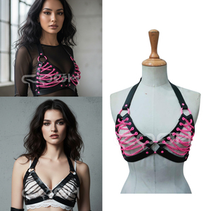 Harnais en cuir noir avec soutien-gorge à lacets rose - Product Image 5