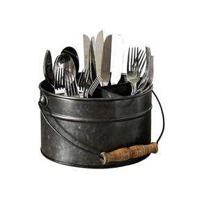 Organizador de Cubiertos de Metal Blanco Estilo Rústico con Asa de Madera, Cesta Vintage de 4 Compartimentos para Utensilios y Platos - Product Image 2
