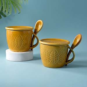 Beige Striped Ceramic Soup Mug with Lid and Spoon <b>Microwave</b> Safe <b>Set</b> of 2 for Tea or Coffee Sublimation Blank - Product Image 5