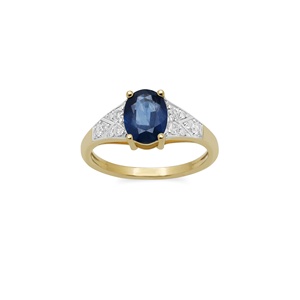 Bague en or jaune 14 carats avec saphir bleu et diamants, vente en gros |   Bague de fiançailles ovale en saphir pour femme, bijoux fins - Product Image 1