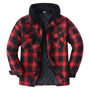 Chemise-veste en flanelle épaisse à carreaux pour homme avec doublure matelassée, rouge foncé multicolore, respirante, à capuche, fermeture éclair et boutons - Product Image 1