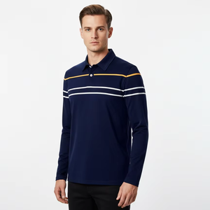 Polo rayé tendance pour homme à manches longues, coupe ajustée, col à revers, style décontracté, automne-printemps - Product Image 1